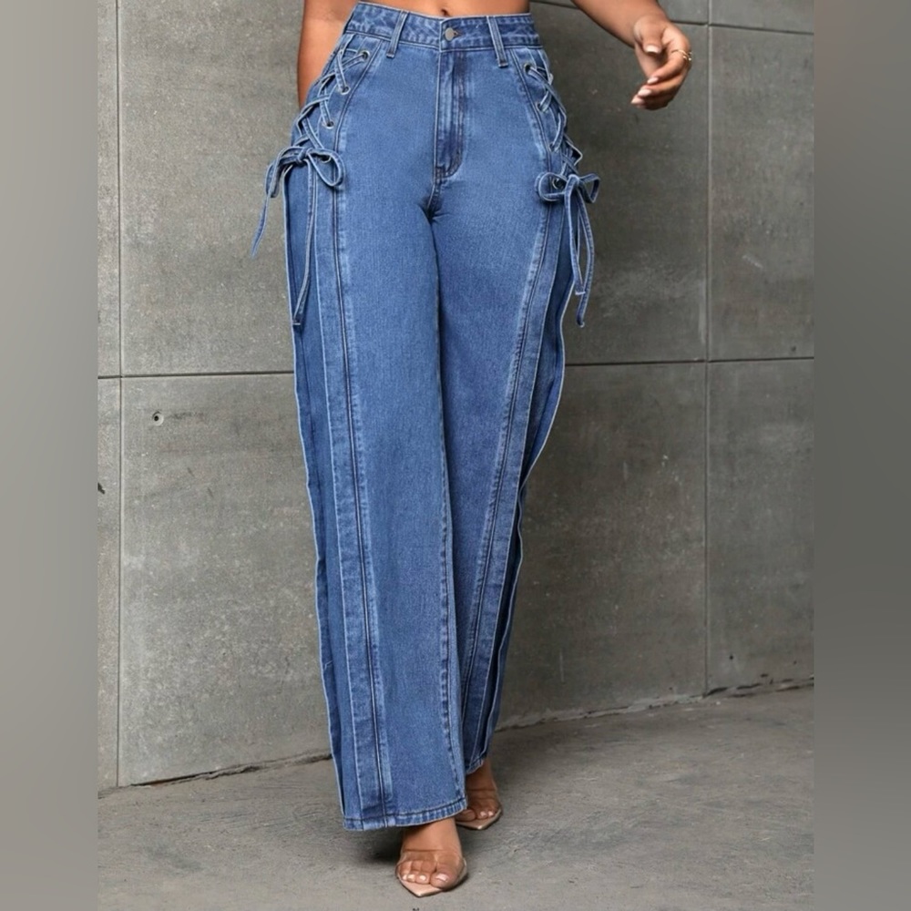 Lace Up Side Wide Leg Jeans